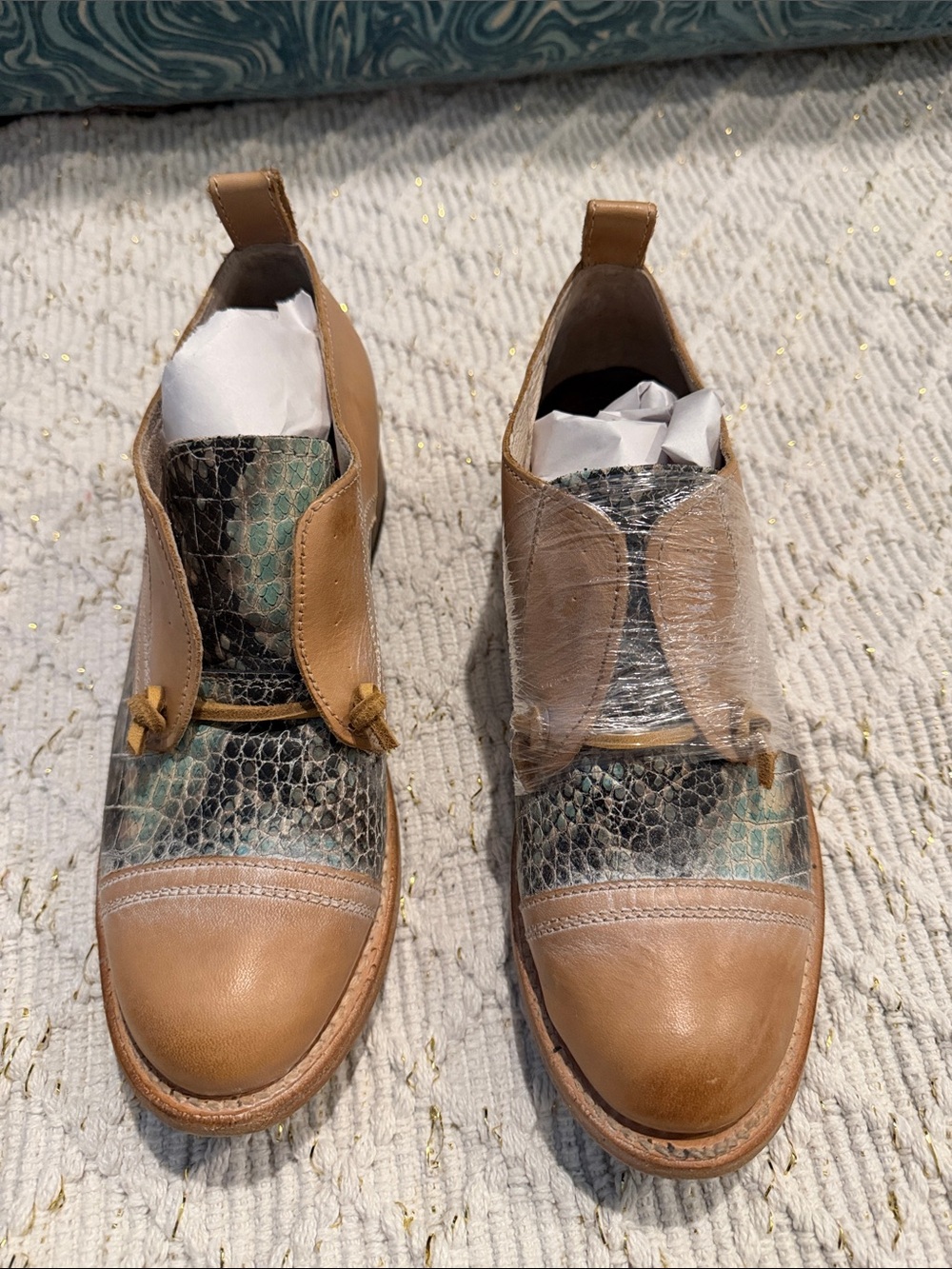 Freebird Tan Leather & Teal Snake-Print Slip-On Shoes